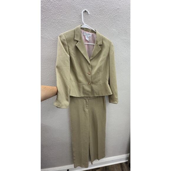 Sag Harbor Womens Blazer Pants Suit Set Size 4 Petite Tan Pink Button Up - Picture 1 of 16